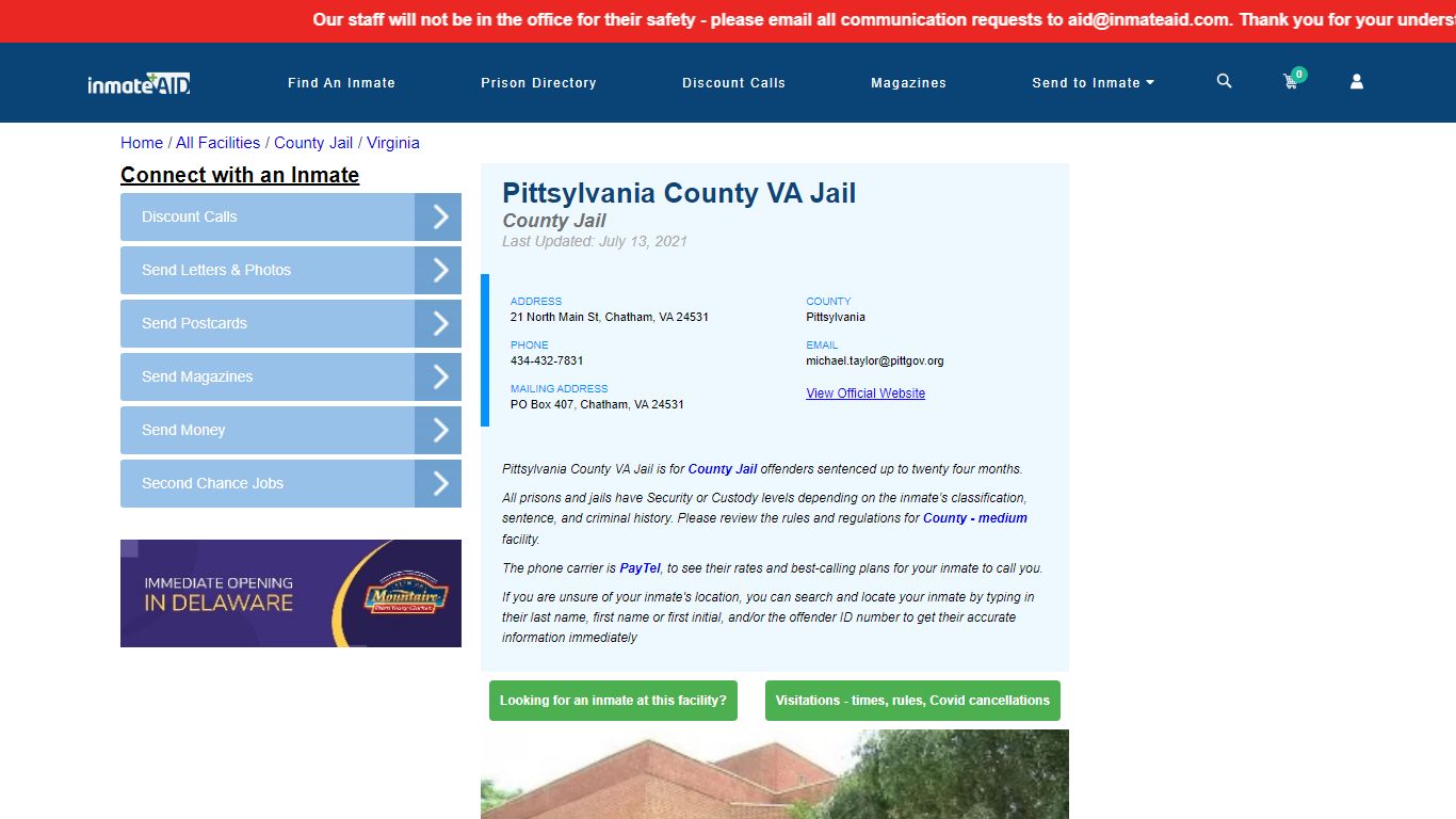Pittsylvania County VA Jail - Inmate Locator - Chatham, VA