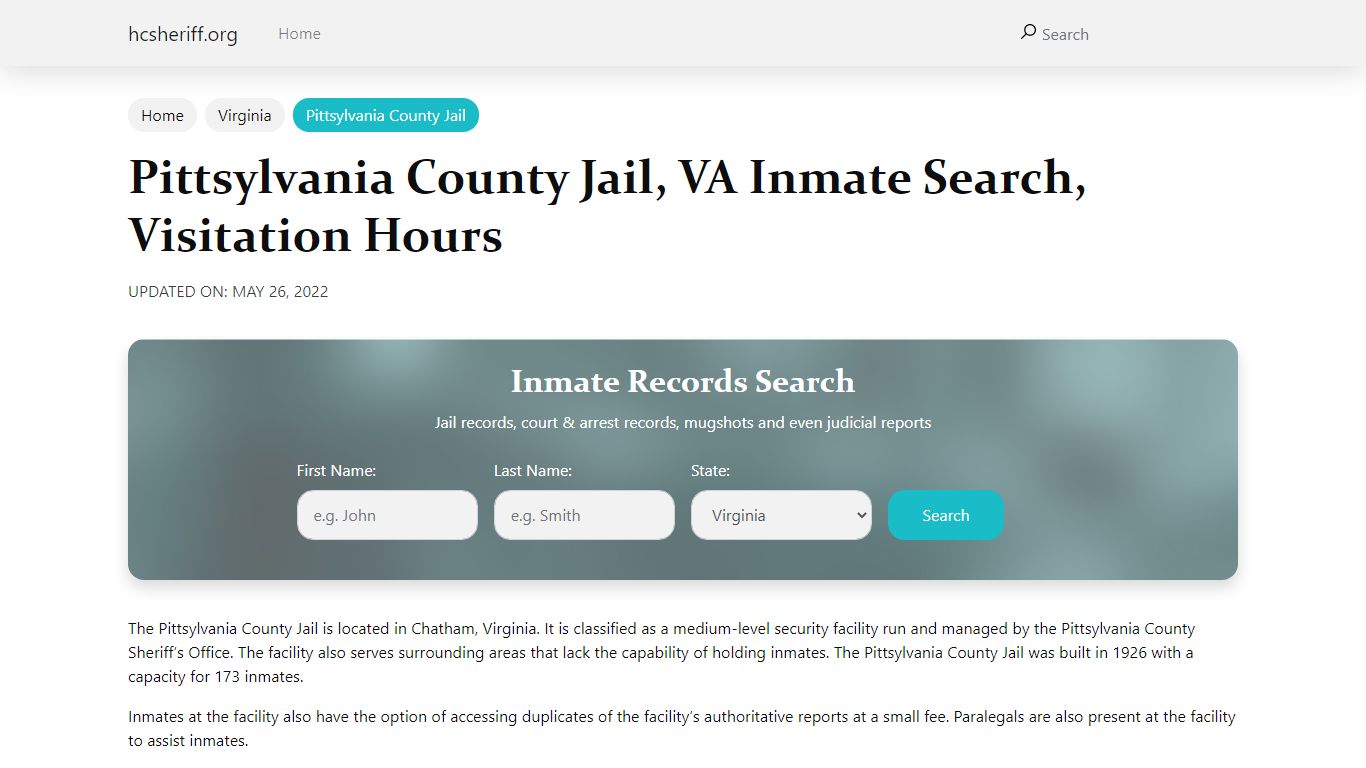Pittsylvania County Jail , VA Inmate Search, Visitation Hours